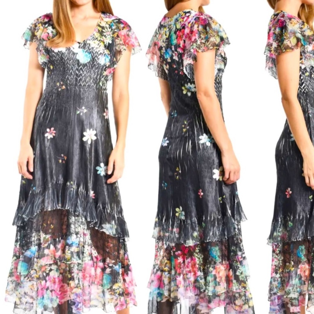 Komarov Floral Tiered Charmeuse Dress